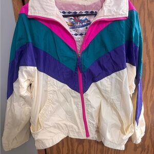 Vintage 80s prep Colorblock Windbreaker Jacket in Cream, Teal, Purple & Hot Pink